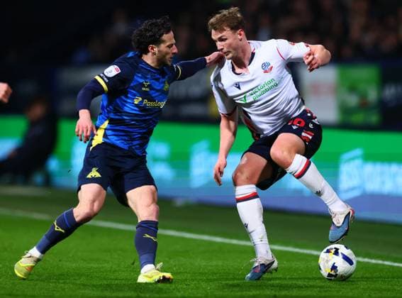 Jamie Sterry of Doncaster Rovers and Sam Dalby of Bolton Wanderers Bolton Wanderers v Doncaster Rovers, Sky Bet League One, Football, Toughsheet Community Stadium, Bolton, UK - 17 Mar 2026Bolton Toughsheet Community Stadium United Kingdom EDITORIAL USE ONLY No use with unauthorised audio, video, data, fixture lists, club league logos or live services. Online in-match use limited to 120 images, no video emulation. No use in betting, games or single club league player publications. Copyright: xPaulxCurrie Shutterstockx 16776367w