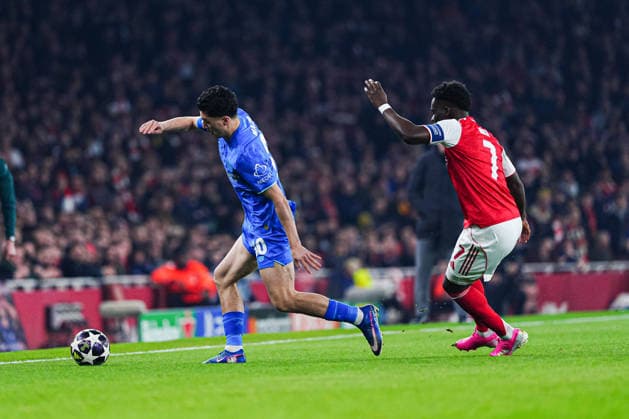 Ibrahim Maza (Bayer 04 Leverkusen, 30), Bukayo Saka (FC Arsenal, 07) ENG, FC Arsenal vs. Bayer 04 Leverkusen, Fussball, UEFA Champions League, Achtelfinale, Spielzeit 2025 2026, 17.03.2026 ENG, FC Arsenal vs. Bayer 04 Leverkusen, Fussball, UEFA Champions League, Achtelfinale, Spielzeit 2025 2026, 17.03.2026 London Copyright: xEibner-Pressefoto MarcelxvonxFehrnx EP_MFN