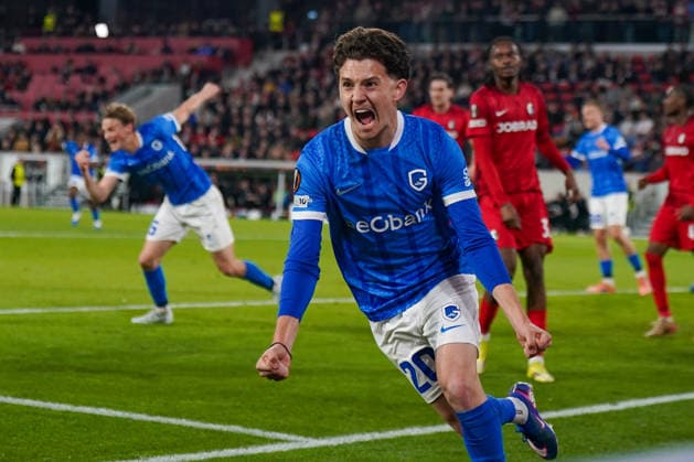 Deutschland: Fussball UEFA Europa League 2025 - 2026, Achtelfinale - SC Freiburg vs KRC Genk - Europa-Park-Stadion: Tor und Torjubel zum 2:1 durch Konstantinos Karetsas (KRC Genk, 20) Freude, Emotionen, Jubel, Geste, Gestik, Emotion, Mimik, Gesichtsausdruck, Emotion Copyright: xJOERANxSTEINSIEKx