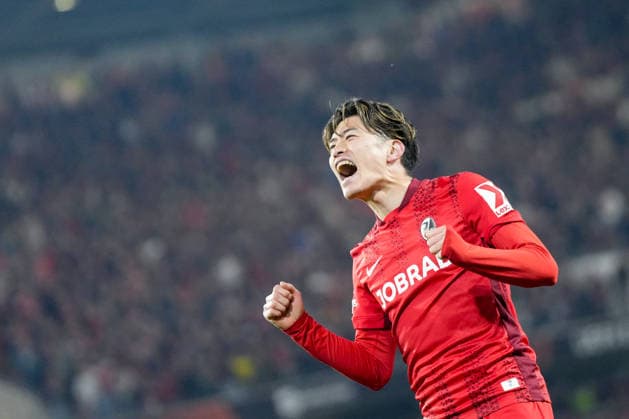 Yuito Suzuki (SC Freiburg, 14) Torjubel, Emotionen, Torschuss, Abschluss, Torerfolg, Tor, Treffer , Deutschland, Fussball, UEFA Europa League, Achtelfinale, Rückspiel, 2025 2026, SC Freiburg vs. KRC Genk, 19.03.2026, Europa-Park Stadion, Freiburg, Deutschland Freiburg Europa-Park Stadion Baden-Württemberg Deutschland Copyright: xArnexAmbergx