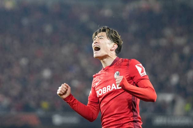 Yuito Suzuki (SC Freiburg, 14) Torjubel, Emotionen, Torschuss, Abschluss, Torerfolg, Tor, Treffer , Deutschland, Fussball, UEFA Europa League, Achtelfinale, Rückspiel, 2025 2026, SC Freiburg vs. KRC Genk, 19.03.2026, Europa-Park Stadion, Freiburg, Deutschland Freiburg Europa-Park Stadion Baden-Württemberg Deutschland Copyright: xArnexAmbergx