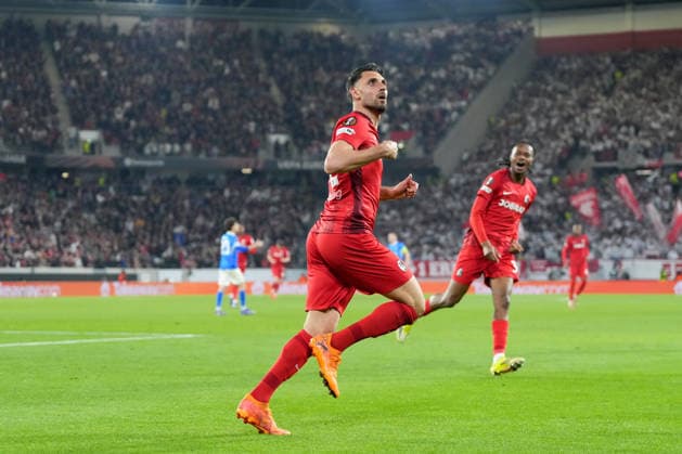 Vincenzo Grifo (SC Freiburg, 32), Torjubel, Emotionen, Torschuss, Abschluss, Torerfolg, Tor, Treffer, Rekordtorschütze, Rekord, 106. Pflichtspieltor für den Club, Nils Petersen überboten, Jubiläum , Deutschland, Fussball, UEFA Europa League, Achtelfinale, Rückspiel, 2025 2026, SC Freiburg vs. KRC Genk, 19.03.2026, Europa-Park Stadion, Freiburg, Deutschland Freiburg Europa-Park Stadion Baden-Württemberg Deutschland Copyright: xArnexAmbergx