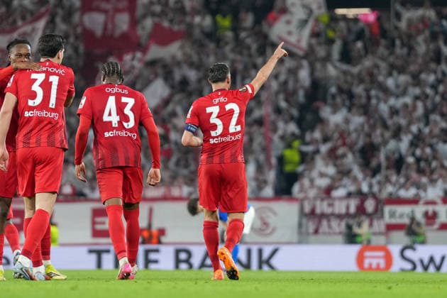 Vincenzo Grifo (SC Freiburg, 32) Torjubel, Emotionen, Torschuss, Abschluss, Torerfolg, Tor, Treffer, Rekordtorschütze, Rekord, 106. Pflichtspieltor für den Club, Nils Petersen überboten, Jubiläum , Deutschland, Fussball, UEFA Europa League, Achtelfinale, Rückspiel, 2025 2026, SC Freiburg vs. KRC Genk, 19.03.2026, Europa-Park Stadion, Freiburg, Deutschland Freiburg Europa-Park Stadion Baden-Württemberg Deutschland Copyright: xArnexAmbergx