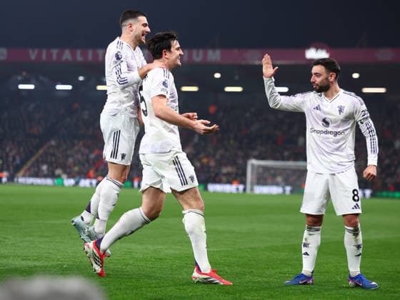 Bournemouth, England, 20th March 2026. (L-R) Diogo Dalot, Harry Maguire and Bruno Fernandes of Manchester United, ManU celebrates after James Hill of Bournemouth scores an own goal to make it 2-1 during the AFC Bournemouth vs Manchester United Premier League match at the Vitality Stadium, Bournemouth. Picture credit should read: Paul Terry Sportimage EDITORIAL USE ONLY. No use with unauthorised audio, video, data, fixture lists, club league logos or live services. Online in-match use limited to 120 images, no video emulation. No use in betting, games or single club league player publications. SPI_056_PT_Bournemouth_Man_Utd SPI-4628-0056