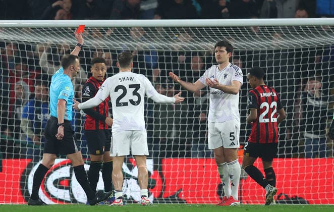 Bournemouth, England, 20th March 2026. Harry Maguire of Manchester United, ManU is shown a red card during the AFC Bournemouth vs Manchester United Premier League match at the Vitality Stadium, Bournemouth. Picture credit should read: Paul Terry Sportimage EDITORIAL USE ONLY. No use with unauthorised audio, video, data, fixture lists, club league logos or live services. Online in-match use limited to 120 images, no video emulation. No use in betting, games or single club league player publications. SPI_064_PT_Bournemouth_Man_Utd SPI-4628-0064