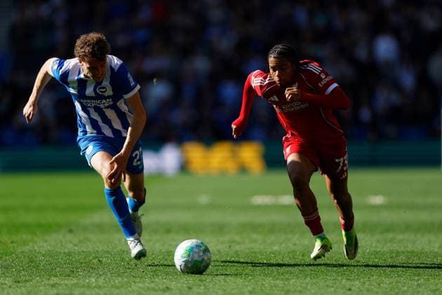 Rio Ngumoha of Liverpool is chased by Olivier Boscagli of Brighton and Hove Albion Brighton and Hove Albion v Liverpool, Premier League, Football, American Express Community Stadium, Brighton, UK - 21 Mar 2026Brighton American Express Community Stadi United Kingdom EDITORIAL USE ONLY No use with unauthorised audio, video, data, fixture lists, club league logos or live services. Online in-match use limited to 120 images, no video emulation. No use in betting, games or single club league player publications. Copyright: xWillxCooper Shutterstockx 16783233ap