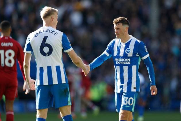 Jan Paul van Hecke of Brighton and Hove Albion and Pascal Groß of Brighton and Hove Albion celebrate winning the game at full time Brighton and Hove Albion v Liverpool, Premier League, Football, American Express Community Stadium, Brighton, UK - 21 Mar 2026Brighton American Express Community Stadi United Kingdom EDITORIAL USE ONLY No use with unauthorised audio, video, data, fixture lists, club league logos or live services. Online in-match use limited to 120 images, no video emulation. No use in betting, games or single club league player publications. Copyright: xWillxCooper Shutterstockx 16783233bc