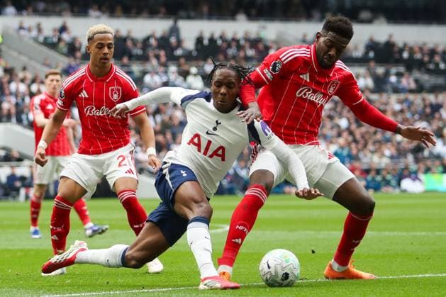 Mathys Tel of Tottenham Hotspur is challenged by Ibrahim Sangarà of Nottingham Forest Tottenham Hotspur v Nottingham Forest, Football, Premier League, Tottenham Hotspur Stadium, London, UK - 22 03 2026 EDITORIAL USE ONLY No use with unauthorised audio, video, data, fixture lists (outside the EU), club league logos or live services. Online in-match use limited to 45 images (+15 in extra time). No use to emulate moving images. No use in betting, games or Copyright: xAnthonyxHanc Shutterstockx 16785849p