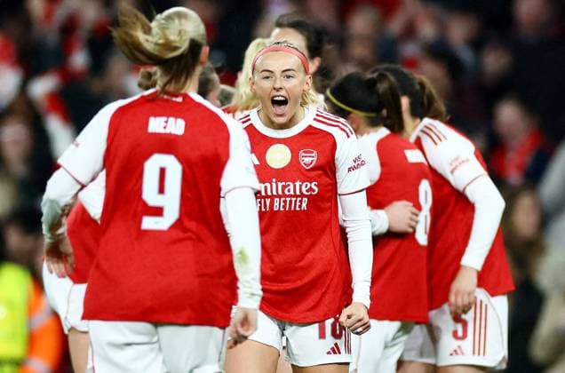 Chloe Kelly of Arsenal celebrates scoring a goal after making the score 2-0. Arsenal Women v Chelsea Women, UEFA Women s Champions League, Quarter Final, First Leg, Football, Emirates Stadium, London, UK - 24 Mar 2026London Emirates Stadium United Kingdom EDITORIAL USE ONLY No use with unauthorised audio, video, data, fixture lists, club league logos or live services. Online in-match use limited to 120 images, no video emulation. No use in betting, games or single club league player publications. Copyright: xJamesxMarsh Shutterstockx 16787096at