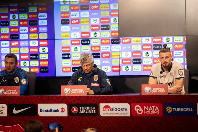 26 Mar 2026 FIFA World Cup, WM, Weltmeisterschaft, Fussball Qualifiers Group C, Semi-final, Match 5 Türkiye vs Romania, Romania press conference, PK, Pressekonferenz BeÅüiktaÅü Vodafone Park stadium, İstanbul, Turkiye Radu DRAGUSIN and Coach Mircea Lucescu during the press conference