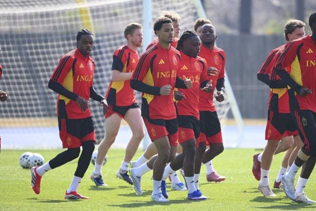 United States v Belgium - FIFA World Cup, WM, Weltmeisterschaft, Fussball Stage Media Activities 26 03 2026 ATLANTA, UNITED STATES - MARCH 26 : Ngoy Nathan of Belgium, De Winter Koni defender of Belgium, Doku Jeremy forward of Belgium, Lukebakio Dodi forward of Belgium pictured during a training session ahead the friendly game between United States of America and Belgium as part of a pre-World Cup 2026 training camp on March 26, 2026 in Atlanta, United States, 26 03 2026 Atlanta United States Copyright: xVincentxKalutx