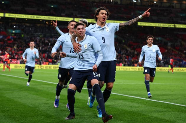 London, England, 27th March 2026. Federico Valverde (L) of Uruguay celebrates with Darwin Nunez (R) of Uruguay after scoring to make it 1-1 during the England vs Uruguay International Friendly, Länderspiel, Nationalmannschaft match at Wembley Stadium, London. Picture credit should read: Paul Terry Sportimage EDITORIAL USE ONLY. No use with unauthorised audio, video, data, fixture lists, club league logos or live services. Online in-match use limited to 120 images, no video emulation. No use in betting, games or single club league player publications. SPI_037_PT_England_Uruguay SPI-4639-0037