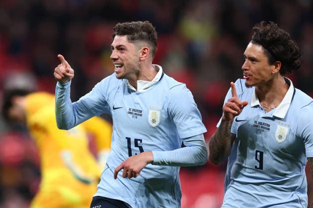 London, England, 27th March 2026. Federico Valverde (L) of Uruguay celebrates with Darwin Nunez of Uruguay after scoring to make it 1-1 during the England vs Uruguay International Friendly, Länderspiel, Nationalmannschaft match at Wembley Stadium, London. Picture credit should read: Paul Terry Sportimage EDITORIAL USE ONLY. No use with unauthorised audio, video, data, fixture lists, club league logos or live services. Online in-match use limited to 120 images, no video emulation. No use in betting, games or single club league player publications. SPI_046_PT_England_Uruguay SPI-4639-0046
