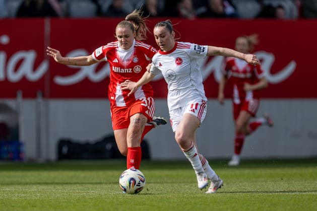 Kampf um den Ball Zweikampf zwischen Georgia Stanway (FC Bayern Muenchen Frauen, 31) und Lara Meroni (1. FC Nuernberg, 11) GER, FC Bayern Muenchen Frauen vs. 1. FC Nuernberg, Fussball, Google Pixel Frauen-Bundesliga, 22. Spieltag, Saison 2025 2026, 28.03.2026. (DFL DFB REGULATIONS PROHIBIT ANY USE OF PHOTOGRAPHS as IMAGE SEQUENCES and or QUASI-VIDEO). GER, FC Bayern Muenchen Frauen vs. 1. FC Nuernberg, Fussball, Google Pixel Frauen-Bundesliga, 22. Spieltag, Saison 2025 2026, 28.03.2026. Muenchen Copyright: xEibner-Pressefoto HeikexFeinerx EP_HFR