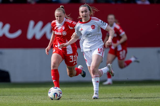 Kampf um den Ball Zweikampf zwischen Georgia Stanway (FC Bayern Muenchen Frauen, 31) und Lara Meroni (1. FC Nuernberg, 11) GER, FC Bayern Muenchen Frauen vs. 1. FC Nuernberg, Fussball, Google Pixel Frauen-Bundesliga, 22. Spieltag, Saison 2025 2026, 28.03.2026. (DFL DFB REGULATIONS PROHIBIT ANY USE OF PHOTOGRAPHS as IMAGE SEQUENCES and or QUASI-VIDEO). GER, FC Bayern Muenchen Frauen vs. 1. FC Nuernberg, Fussball, Google Pixel Frauen-Bundesliga, 22. Spieltag, Saison 2025 2026, 28.03.2026. Muenchen Copyright: xEibner-Pressefoto HeikexFeinerx EP_HFR
