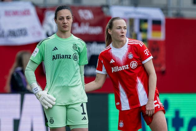 Maria Luisa Grohs (Torfrau, FC Bayern Muenchen Frauen, 01) und Magdalena Eriksson (FC Bayern Muenchen Frauen, 05) GER, FC Bayern Muenchen Frauen vs. 1. FC Nuernberg, Fussball, Google Pixel Frauen-Bundesliga, 22. Spieltag, Saison 2025 2026, 28.03.2026. (DFL DFB REGULATIONS PROHIBIT ANY USE OF PHOTOGRAPHS as IMAGE SEQUENCES and or QUASI-VIDEO). GER, FC Bayern Muenchen Frauen vs. 1. FC Nuernberg, Fussball, Google Pixel Frauen-Bundesliga, 22. Spieltag, Saison 2025 2026, 28.03.2026. Muenchen Copyright: xEibner-Pressefoto HeikexFeinerx EP_HFR