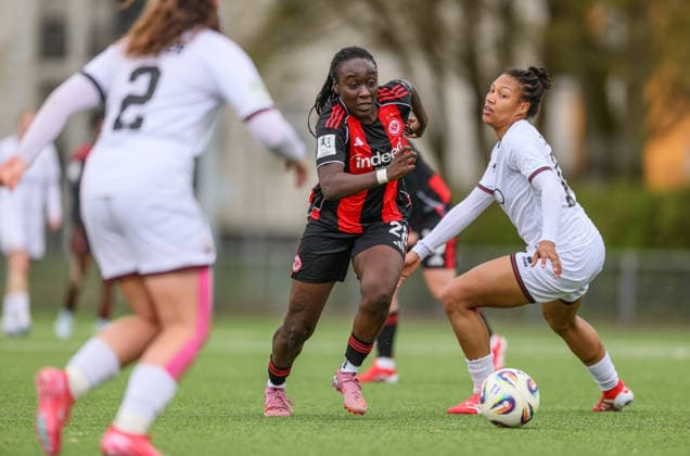 GER, Frankfurt, Eintracht Frankfurt II vs FC Ingolstadt, 2. Frauen Bundesliga, Fussball, DFB, Spielzeit 2025 2026, Stadion am Brentanobad, 21. Spieltag im Bild v.l.: Mira Arouna (Eintracht Frankfurt II 28), Stefanie Reischmann (FC Ingolstadt Frauen 24) DFB DFL REGULATIONS PROHIBIT ANY USE OF PHOTOGRAPHS AS IMAGE SEQUENCES AND OR QUASI-VIDEO, 29.03.2026 Copyright: HMBxMedia HendrikxHamelau