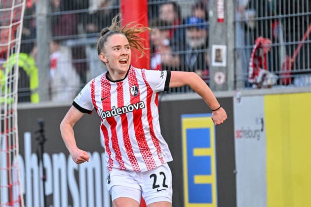 Jubel zum Tor zum 1:2 durch Lisa Kolb (SC Freiburg, 22) GER, SC Freiburg - TSG Hoffenheim, Frauen-Fussball, Google Pixel Frauen-Bundesliga, 22. Spieltag, Saison 2025 2026, 29.03.2026 DFB REGULATIONS PROHIBIT ANY USE OF PHOTOGRAPHS AS IMAGE SEQUENCES AND OR QUASI-VIDEO GER, SC Freiburg - TSG Hoffenheim, Frauen-Fussball, Google Pixel Frauen-Bundesliga, 22. Spieltag, Saison 2025 2026, 29.03.2026 Freiburg Copyright: xEibner-Pressefoto ThomasxHessx EP_THS
