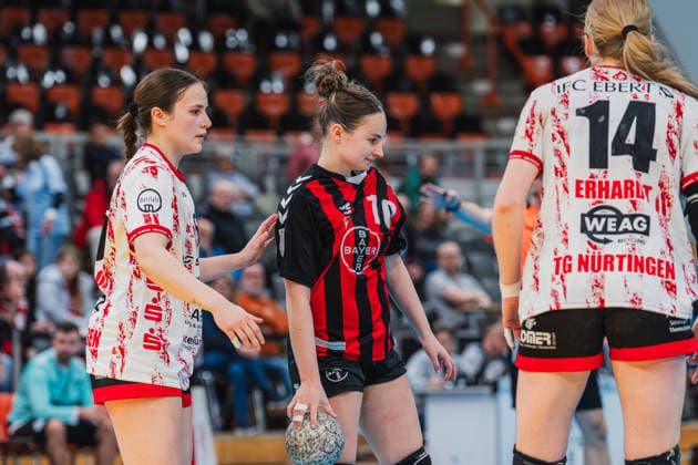 Maileen Seeger (TG Nuettingen, 16), Sophia Cormann (TSV Bayer 04 Leverkusen, 10), Nora Erhardt (TG Nuettingen, 14) TSV Bayer 04 Leverkusen vs. TG Nuertingen, Handball, 2.Handball-Bundesliga, 22.Spieltag, Saison 2025 26, 29.03.2026, TSV Bayer 04 Leverkusen vs. TG Nuertingen, Handball, 2.HBL, 22.Spieltag, Saison 2025 26, 29.03.2026 Leverkusen Copyright: xEibner-Pressefoto LukasxBaldygax EP_LBA
