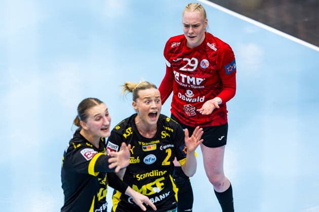 29.03.2026, GER, Handball, Frauen, Saison 2025 2026, EHF European League, Viertelfinale, Thueringer HC - Nykobing Falster Handbold Caroline Aar Jakobsen (Nykobing Falster Handbold), Johanna Reichert (Thueringer HC,29), Stine Eiberg Jorgensen (Nykobing Falster Handbold) 99947 Bad Langensalza Salza Halle Sporthalle Mehrz Thüringen Deutschland