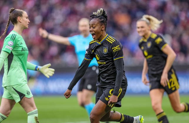 GER, München, Bayern München vs Manchester United, ManU Women s Champions League, Fussball, UEFA, Spielzeit 2025 2026, Allianz Arena, Viertelfinale, Rückspiel im Bild: Melvine Malard (Manchester United Frauen 9), Tor, Freude, Jubel und Emotion, goal scorerd DFB DFL REGULATIONS PROHIBIT ANY USE OF PHOTOGRAPHS AS IMAGE SEQUENCES AND OR QUASI-VIDEO, 01.04.2026 Copyright: HMBxMedia HendrikxHamelau