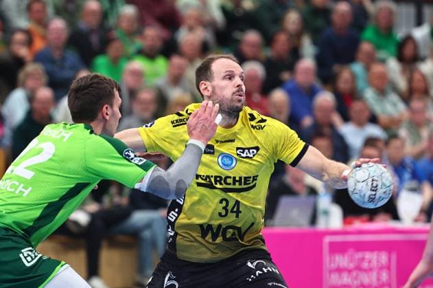 Kai Haefner (TVB Stuttgart, 34) im Zweikampf mit Jona Schoch (HSG Wetzlar, 22) GER, HSG Wetzlar vs TVB Stuttgart, Handball, 1. Bundesliga, 27. Spieltag, Spielzeit 2025 2026, 02.04.2026 GER, HSG Wetzlar vs TVB Stuttgart, Handball, 1. Bundesliga, 27. Spieltag, Spielzeit 2025 2026, 02.04.2026 Wetzlar Copyright: xEibner-Pressefoto RenexWeissx EP_RWS