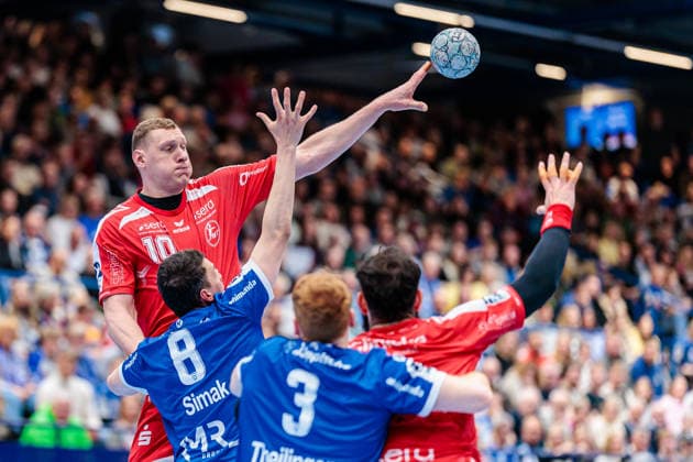 v.l. Dainis Kristopans (MT Melsungen, 10), Frederik Simak (TBV Lemgo Lippe, 08), Nicolai Theilinger (TBV Lemgo Lippe, 03), Ruben Marchan (MT Melsungen, 02) GER, TBV Lemgo Lippe vs. MT Melsungen, Handball, 1. Bundesliga, 27. Spieltag, Spielzeit 2025 2026, 04.04.2026 GER, TBV Lemgo Lippe vs. MT Melsungen, Handball, 1. Bundesliga, 27. Spieltag, Spielzeit 2025 2026, 04.04.2026 Lemgo Copyright: xEibner-Pressefoto JanxRollingerx EP_JSK