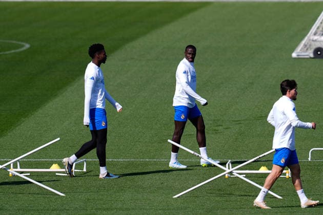 April 6, 2026, Madrid, Madrid, Spain: Ferland Mendy and Aurelien Tchouameni during the training day of Real Madrid ahead the UEFA Champions League 2025 26, Quarter-finals First Leg, football match against FC Bayern Munich at Ciudad Deportiva Real Madrid on April 06, 2026, in Valdebebas, Madrid, Spain. Real Madrid Training And press conference, PK, Pressekonferenz - Uefa Champions League 2025 26 Quarter-Finals First Leg - ZUMAa181 20260406_zaa_a181_041 Copyright: xDennisxAgyemanx