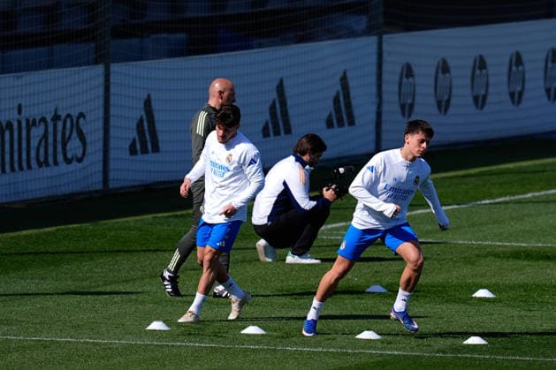 April 6, 2026, Madrid, Madrid, Spain: Fran Garcia and Arda Guler during the training day of Real Madrid ahead the UEFA Champions League 2025 26, Quarter-finals First Leg, football match against FC Bayern Munich at Ciudad Deportiva Real Madrid on April 06, 2026, in Valdebebas, Madrid, Spain. Madrid Spain - ZUMAa181 20260406_zaa_a181_029 Copyright: xDennisxAgyemanx