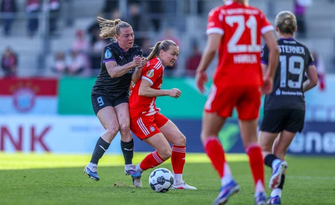 GER, München, FC Bayern München vs SGS Essen, DFB-Pokal Frauen, Fussball, DFB, Spielzeit 2025 2026, FC Bayern Campus, Halbfinale im Bild v.l.: Ramona Maier (SGS Essen Frauen 9), Magdalena Eriksson (Bayern München 5) DFB DFL REGULATIONS PROHIBIT ANY USE OF PHOTOGRAPHS AS IMAGE SEQUENCES AND OR QUASI-VIDEO, 06.04.2026 Copyright: HMBxMedia HendrikxHamelau