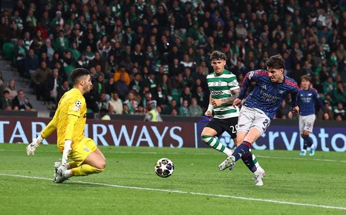 Kai Havertz of Arsenal scores the opening goal Sporting v Arsenal, UEFA Champions League, Quarter Final, First Leg, Football, Estadio Jose Alvalade, Lisbon, Portugal - 07 Apr 2026Lisbon Estádio José Alvalade Portugal EDITORIAL USE ONLY No use with unauthorised audio, video, data, fixture lists, club league logos or live services. Online in-match use limited to 120 images, no video emulation. No use in betting, games or single club league player publications. Copyright: xMichaelxZemanek Shutterstockx 16811860ak