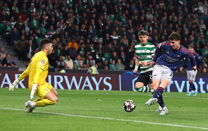 Kai Havertz of Arsenal scores the opening goal Sporting v Arsenal, UEFA Champions League, Quarter Final, First Leg, Football, Estadio Jose Alvalade, Lisbon, Portugal - 07 Apr 2026Lisbon Estádio José Alvalade Portugal EDITORIAL USE ONLY No use with unauthorised audio, video, data, fixture lists, club league logos or live services. Online in-match use limited to 120 images, no video emulation. No use in betting, games or single club league player publications. Copyright: xMichaelxZemanek Shutterstockx 16811860al