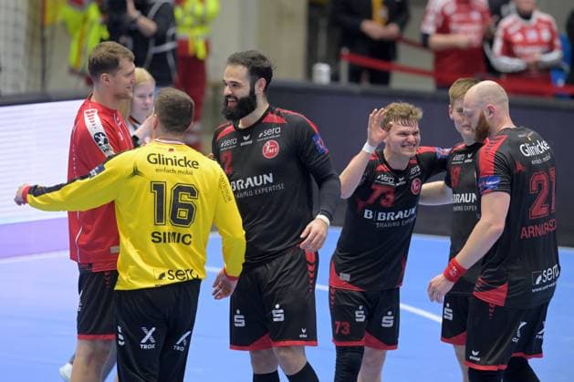 Jubel, Freude nach dem Sieg; Nebojsa Simic (Torwart MT Melsungen 16), Ruben Marchan (MT Melsungen 2), Timo Kastening (MT Melsungen 73), Arnar Freyr Arnarsson (MT Melsungen 21) (L-R) , GER, MT Melsungen - Fredericia HK (DEN), Handball, EHF European League Maenner, Play-Offs, Saison 2025 2026, 07.04.2026, GER, MT Melsungen - Fredericia HK, Handball, EHF Maenner, Play-Off, Saison 2025 2026, 07.04.2026 Kassel Copyright: xEibner-Pressefotox xRolandxSippelx EP_RSL