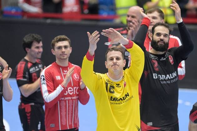 Jubel, Freude nach dem Sieg; Nebojsa Simic (Torwart MT Melsungen 16), Florian Drosten (MT Melsungen 18) (L), Ruben Marchan (MT Melsungen 2) (R) , GER, MT Melsungen - Fredericia HK (DEN), Handball, EHF European League Maenner, Play-Offs, Saison 2025 2026, 07.04.2026, GER, MT Melsungen - Fredericia HK, Handball, EHF Maenner, Play-Off, Saison 2025 2026, 07.04.2026 Kassel Copyright: xEibner-Pressefotox xRolandxSippelx EP_RSL