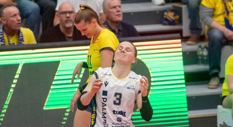 8.4.2026, Volleyball, Frauen, VBL, 1. VBL, 1. Volleyball-Bundesliga, Saison 2025 26, Playoffs, Halbfinale, 2. Spiel, SSC Palmberg Schwerin - VfB Suhl Lotto Thüringen, Florien Reesink (SSC Palmberg Schwerin) ist enttäuscht. Schwerin Palmberg Arena Mecklenburg-Vorpommern Deutschland