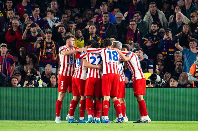 Football-Champions League-Quarte Final FC Barcelona, Barca v Atletico de Madrid in Barcelona, Spain. Barcelona, Spain, 8, April, 2026. Atletico de Madrid players celebrates the score of Julian Alvarez (19) during Champions League match between FC Barcelona and Atletico de Madrid in Spotify Camp Nou Stadium, Barcelona, Spain, on April 8, 2026. Barcelona Spotify Camp Nou Stadium Barcelona Spain