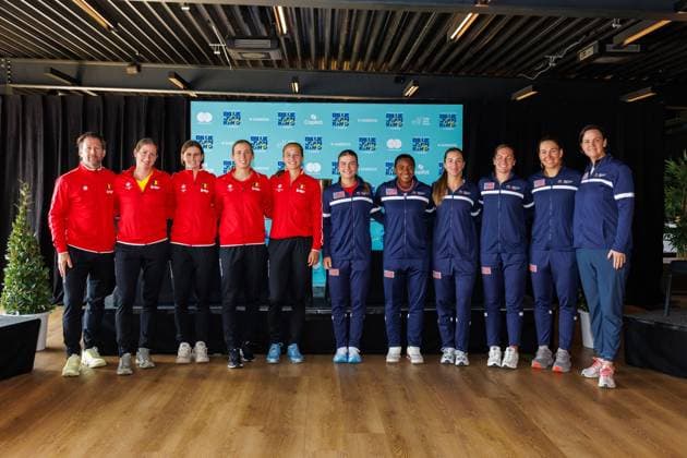 Belgian team captain Wim Fissette, Belgian Magali Kempen, Belgian Greet Minnen, Belgian Elise Mertens, Belgian Hanne Vandewinkel, American Iva Jovic, American Hailey Baptiste, American Mccartney Kessler, American Caty McNally, American Nicole Melichar and USA team captain Lindsay Davenport pictured during the draw for this weekend s tennis matches between Belgium and USA, in the qualifiers of the Billie Jean King Cup tennis, in Oostende, Belgium, on Thursday 09 April 2026. The meeting will take place on 10 and 11th April. PHOTO KURTxDESPLENTER x170280161x