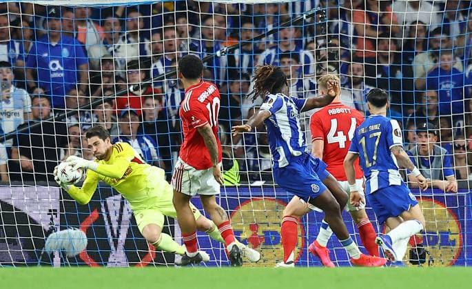 Stefan Ortega of Nottingham Forest saves from Terem Moffi of FC Porto Porto v Nottingham Forest, UEFA Europa League, Quarter Final, First Leg, Football, Estadio do Dragao, Porto, Portugal - 09 Apr 2026Porto Estádio do Dragão Portugal EDITORIAL USE ONLY No use with unauthorised audio, video, data, fixture lists, club league logos or live services. Online in-match use limited to 120 images, no video emulation. No use in betting, games or single club league player publications. Copyright: xMichaelxZemanek Shutterstockx 16811864q