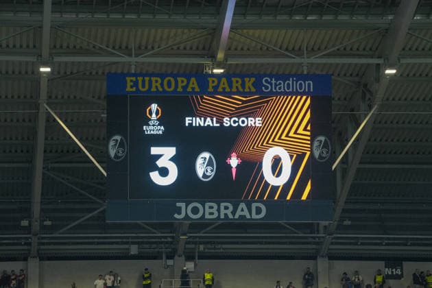 Endstand, Videowall , Deutschland, Fussball, UEFA Europa League, Viertelfinale, Hinspiel, 2025 2026, SC Freiburg vs. RC Celta de Vigo, 09.04.2026, Europa-Park Stadion, Freiburg, Deutschland Freiburg Europa-Park Stadion Baden-Württemberg Deutschland Copyright: xArnexAmbergx
