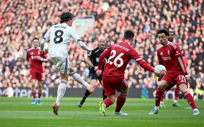 Harry Wilson of Fulham has a shot Liverpool v Fulham, Premier League, Football, Anfield, Liverpool, UK - 11 Apr 2026Liverpool Anfield United Kingdom EDITORIAL USE ONLY No use with unauthorised audio, video, data, fixture lists, club league logos or live services. Online in-match use limited to 120 images, no video emulation. No use in betting, games or single club league player publications. Copyright: xAnnaxGowthorpe Shutterstockx 16823590as