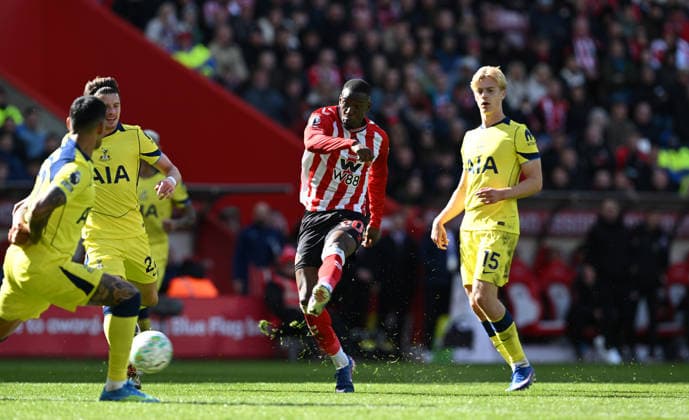 Nordi Mukiele of Sunderland scores the opening goal with a massive deflection off Cristian Romero of Tottenham Hotspur Sunderland v Tottenham Hotspur, Premier League, Football, Stadium of Light, Sunderland, UK - 12 Apr 2026Sunderland Stadium of Light United Kingdom EDITORIAL USE ONLY No use with unauthorised audio, video, data, fixture lists, club league logos or live services. Online in-match use limited to 120 images, no video emulation. No use in betting, games or single club league player publications. Copyright: xGreigxCowie Shutterstockx 16823609aj