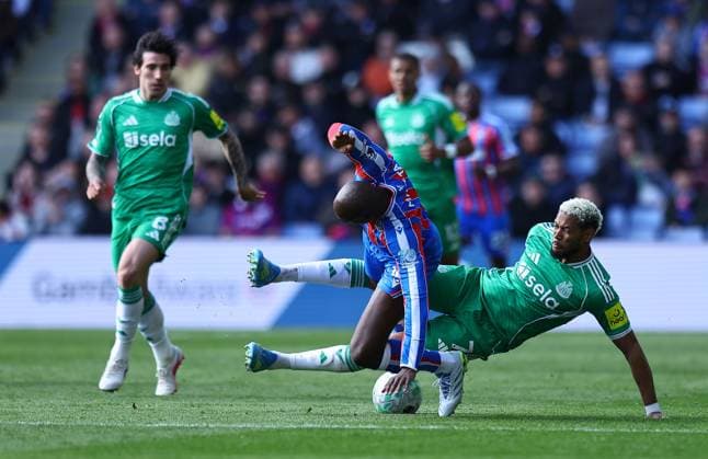Jean-Philippe Mateta of Crystal Palace is fouled by Joelinton of Newcastle United Crystal Palace v Newcastle United, Premier League, Football, Selhurst Park, London, UK - 12 Apr 2026London Selhurst Park United Kingdom EDITORIAL USE ONLY No use with unauthorised audio, video, data, fixture lists, club league logos or live services. Online in-match use limited to 120 images, no video emulation. No use in betting, games or single club league player publications. Copyright: xMichaelxZemanek Shutterstockx 16823618as