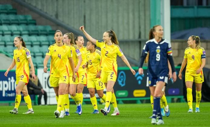 Sari Kees of Belgium Women celebrates scoring to give Belgium a 0-1 lead. Scotland Women v Belgium Women, FIFA 2027 Women s World Cup Qualifying, Football, Easter Road, Edinburgh, UK - 14 Apr 2026Edinburgh Easter Road United Kingdom EDITORIAL USE ONLY No use with unauthorised audio, video, data, fixture lists, club league logos or live services. Online in-match use limited to 120 images, no video emulation. No use in betting, games or single club league player publications. Copyright: xStuartxWallace Shutterstockx 16828526j