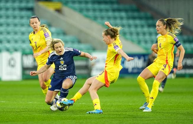 Erin Cuthbert of Scotland Women tackled by Hannah Eurlings & Jarne Teulings of Belgium Women. Scotland Women v Belgium Women, FIFA 2027 Women s World Cup Qualifying, Football, Easter Road, Edinburgh, UK - 14 Apr 2026Edinburgh Easter Road United Kingdom EDITORIAL USE ONLY No use with unauthorised audio, video, data, fixture lists, club league logos or live services. Online in-match use limited to 120 images, no video emulation. No use in betting, games or single club league player publications. Copyright: xStuartxWallace Shutterstockx 16828526r