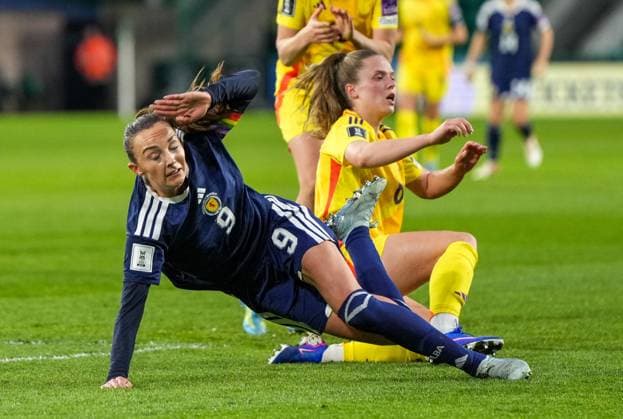 Scotland Women captain Caroline Weir tackled by Valesca Ampoorter of Belgium Women. Scotland Women v Belgium Women, FIFA 2027 Women s World Cup Qualifying, Football, Easter Road, Edinburgh, UK - 14 Apr 2026Edinburgh Easter Road United Kingdom EDITORIAL USE ONLY No use with unauthorised audio, video, data, fixture lists, club league logos or live services. Online in-match use limited to 120 images, no video emulation. No use in betting, games or single club league player publications. Copyright: xStuartxWallace Shutterstockx 16828526ad