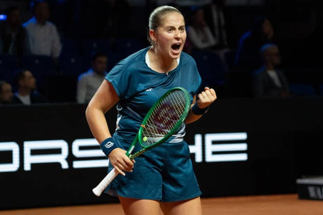 Jelena Ostapenko (LAT), Jubel, Freude, Emotion, GER, Jelena Ostapenko vs. Mirra Andreeva, Tennis, ATP, Tennis Herren Turnier, WTA, Tennis Damen 500, Porsche Tennis Grand-Prix, 15.04.2026, GER, Jelena Ostapenko vs. Mirra Andreeva, Tennis, ATP-Turnier, WTA 500, Porsche Tennis Grand-Prix, 15.04.2026, Stuttgart Copyright: xEibner-Pressefoto EdwardxCheungx EP_ECG