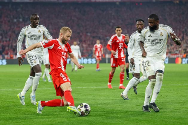 Konrad Laimer (FC Bayern Muenchen, 27) mit Antonio Ruediger (Real Madrid CF, 22) und Ferland Mendy (Real Madrid CF, 23), GER, FC Bayern Muenchen vs. Real Madrid CF, Fussball, UEFA Champions League, Viertelfinale, Rueckspiel, Saison 2025 2026, 15.04.2026, GER, FC Bayern Muenchen vs. Real Madrid CF, Fussball, UEFA Champions League, Viertelfinale, Rueckspiel, Saison 2025 2026, 15.04.2026 Muenchen Copyright: xEibner-Pressefoto JennixMaulx EP_JML