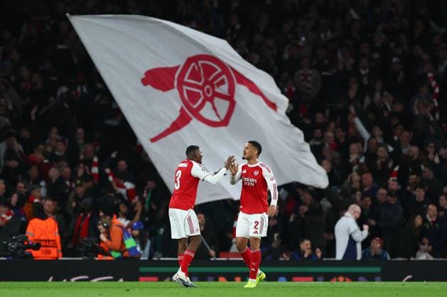 Cristhian Mosquera of Arsenal and William Saliba of Arsenal at full time Arsenal v Sporting, UEFA Champions League, Quarter Final, Second Leg, Football, Emirates Stadium, London, UK - 15 Apr 2026London Emirates Stadium United Kingdom EDITORIAL USE ONLY No use with unauthorised audio, video, data, fixture lists, club league logos or live services. Online in-match use limited to 120 images, no video emulation. No use in betting, games or single club league player publications. Copyright: xSimonxDael Shutterstockx 16828544bj