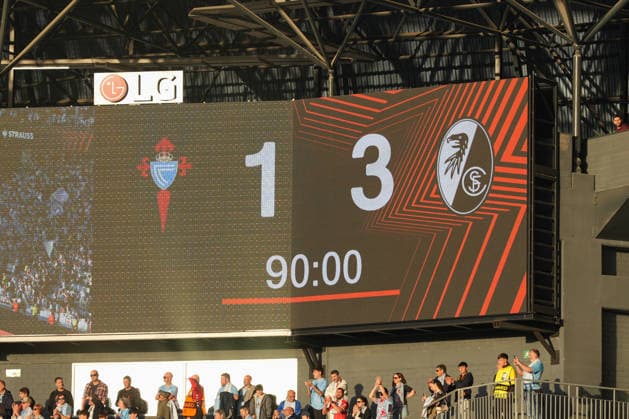 Spanien, Fussball, UEFA Europa League, Viertelfinale, Rückspiel, 2025 2026, RC Celta de Vigo vs. SC Freiburg, 16.04.2026, Estadio Balaidos, Vigo, Endergebnis, Videowall Vigo Estadio Balaidos Galicien, Pontevedra Spanien Copyright: xArnexAmbergx