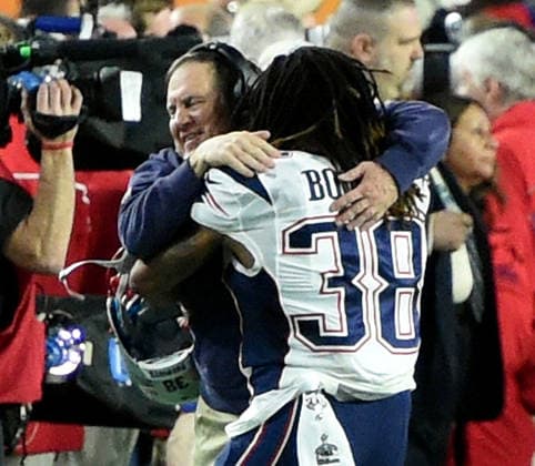Feb. 1, 2015 - Glendale, Arizona, U.S - New England Patriots head coach, BILL BELICHICK, gets a victory hug from running back BRANDON BOLDON after defeating the Seattle Seahawks 28-24 in Super Bowl XLIX. Copyright: xDickxDruckmanx